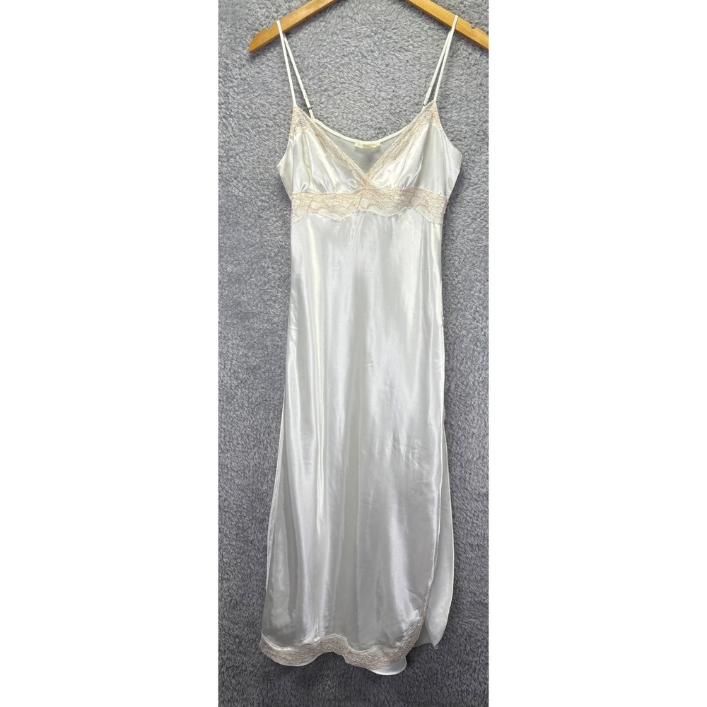 Flora Ivory White Satin Lace Trim Chemise Nightgown Midi Sleep Dress Womens M